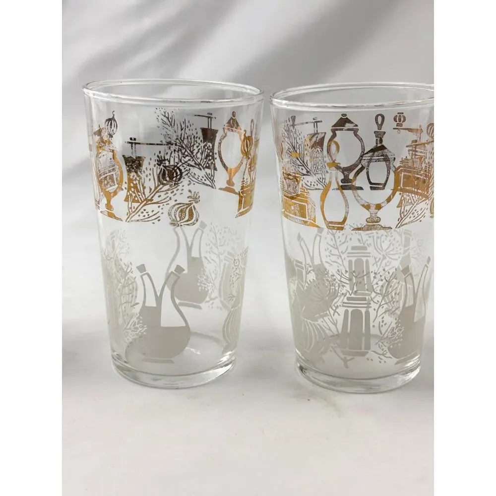 Vintage Federal Glass Tumblers Set of 4 Clear Drinking Glass Gold Accent Design‎